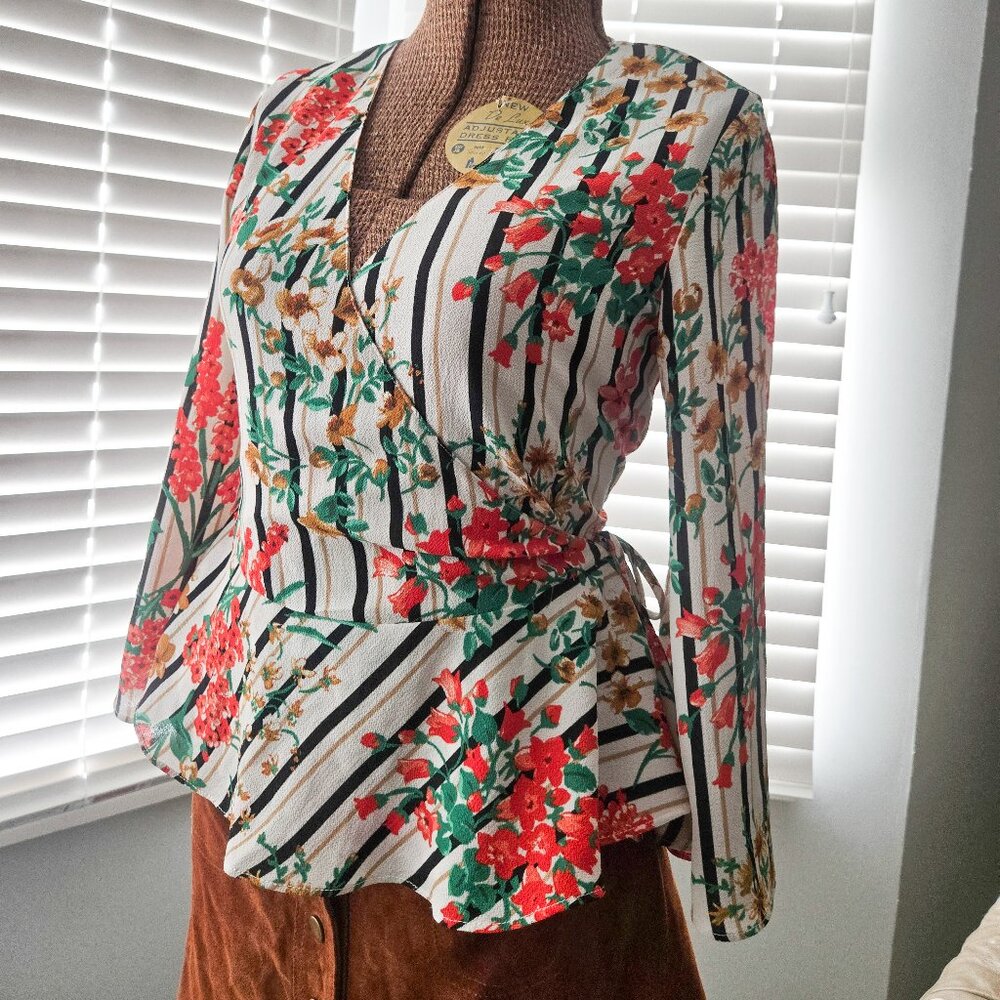 Zara Basic Collection Women XS Striped Floral Kimono Sleeves Peplum Wrap Blouse